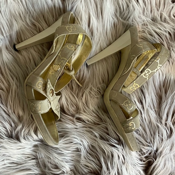 Gucci Gold Monogram Suede Ankle Strap Heels - Picture 3 of 11
